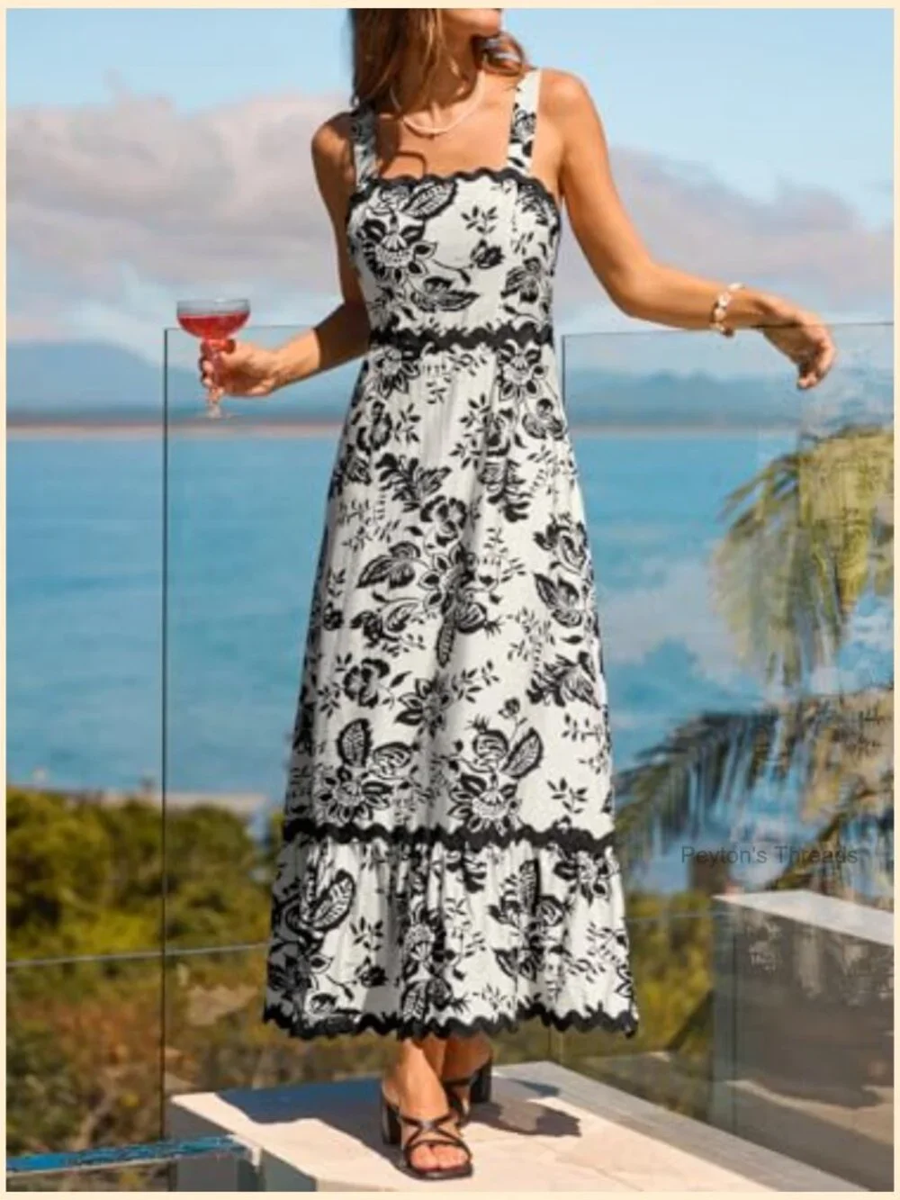 Sleeveless Scallop Trim Boho Floral Maxi Dress Flowy Summer Sundress - Picture 3 of 7